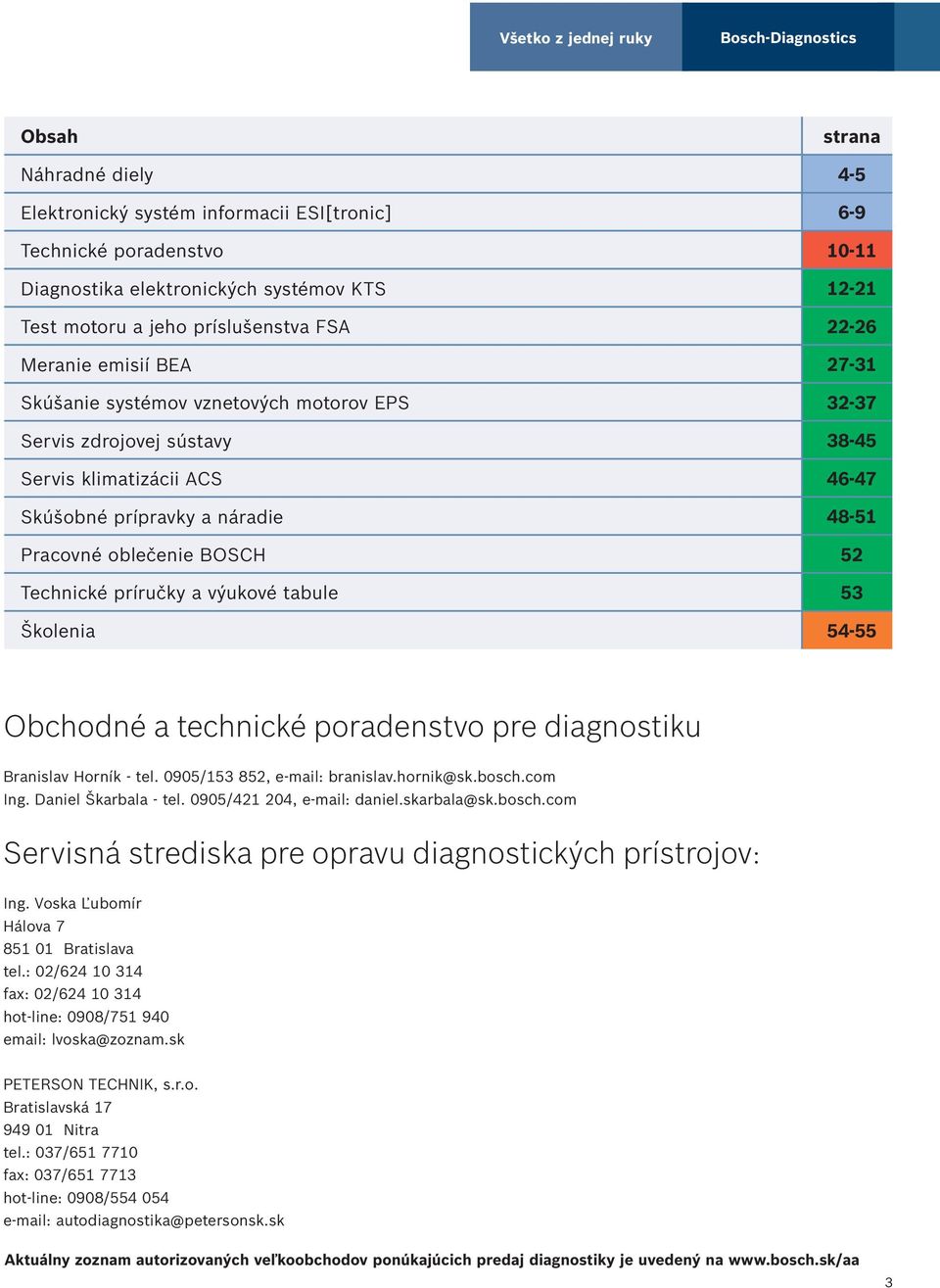 48-51 Pracovné oblečenie BOSCH 52 Technické príručky a výukové tabule 53 Školenia 54-55 Obchodné a technické poradenstvo pre diagnostiku Branislav Horník - tel. 0905/153 852, e-mail: branislav.