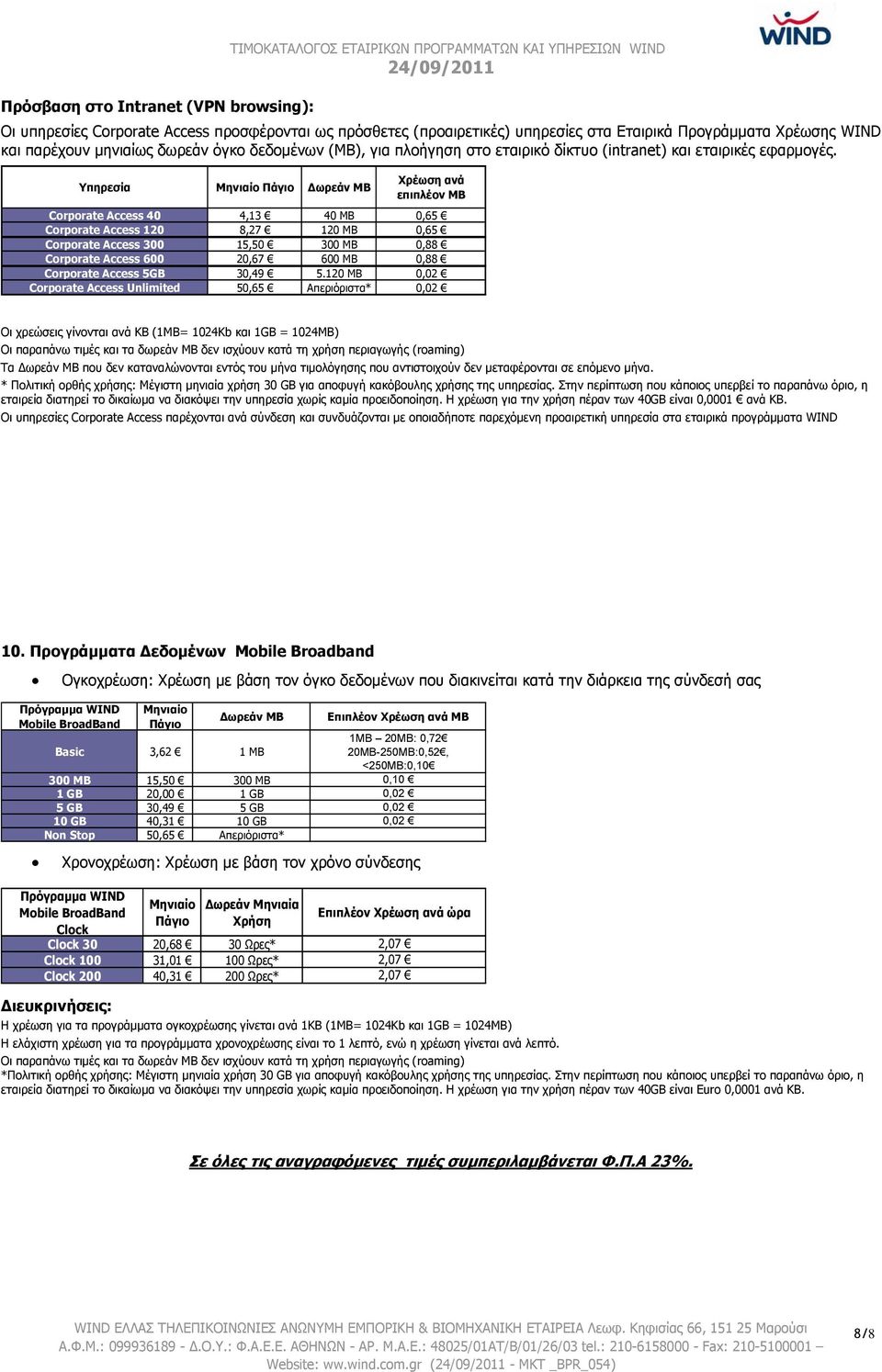 Υπηρεσία Δωρεάν ΜΒ Χρέωση ανά επιπλέoν ΜΒ Corporate Access 40 4,13 40 ΜΒ 0,65 Corporate Access 120 8,27 120 ΜΒ 0,65 Corporate Access 300 15,50 300 ΜΒ 0,88 Corporate Access 600 20,67 600 ΜΒ 0,88