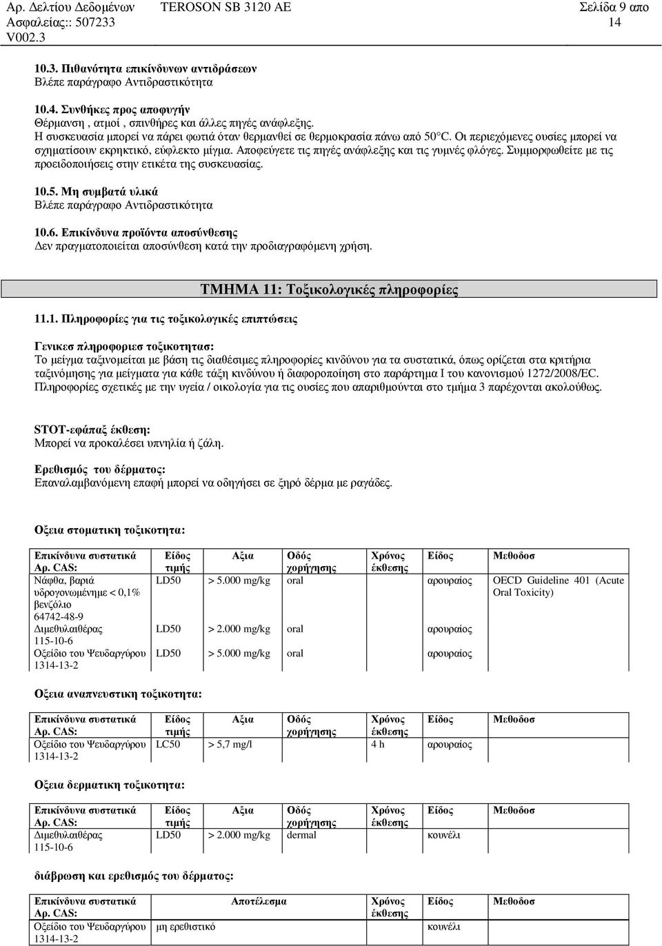 Αποφεύγετε τις πηγές ανάφλεξης και τις γυμνές φλόγες. Συμμορφωθείτε με τις προειδοποιήσεις στην ετικέτα της συσκευασίας. 10.5. Μη συμβατά υλικά Βλέπε παράγραφο Αντιδραστικότητα 10.6.