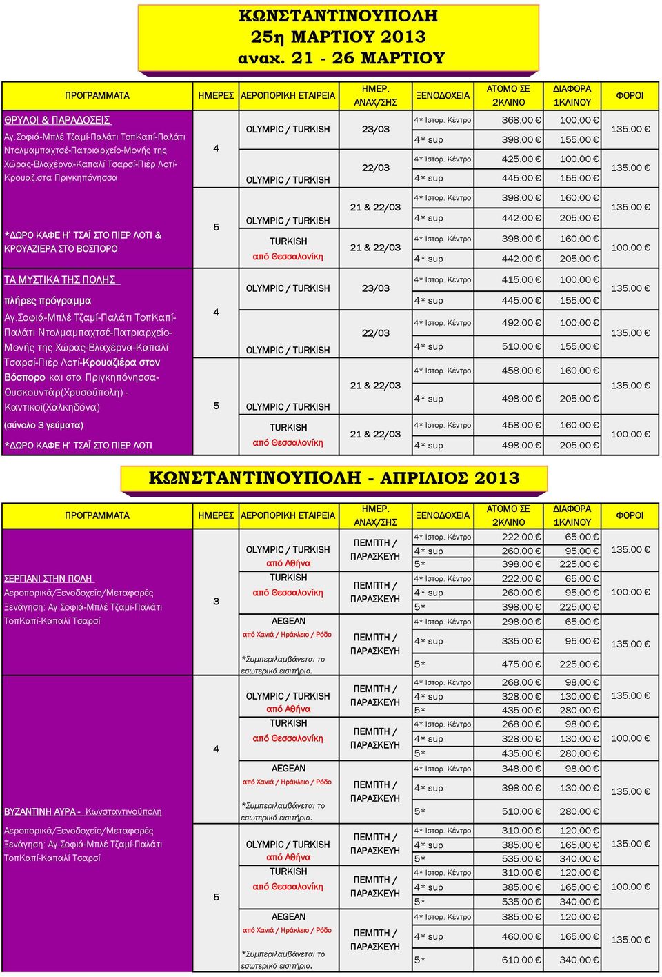 Κέντρο 23/03 1.00 πλήρες πρόγραμμα * sup.00 1.00 Aγ.Σοφιά-Μπλέ Τζαμί-Παλάτι ΤοπΚαπί- * Ιστορ. Κέντρο 92.00 22/03 * sup 10.00 1.00 Τσαρσί-Πιέρ Λοτί-Κρουαζιέρα στον * Ιστορ. Κέντρο.00 160.