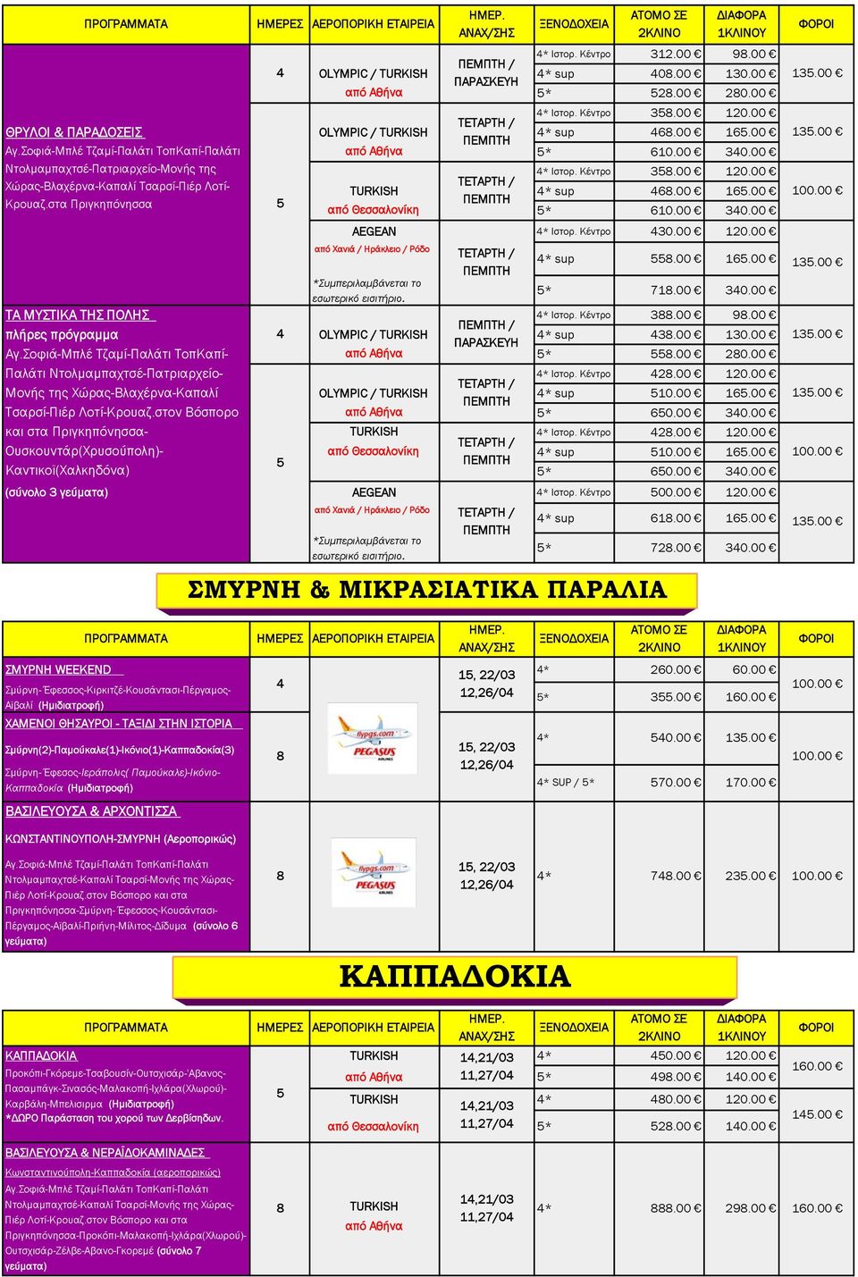 Κέντρο 3.00 9.00 πλήρες πρόγραμμα * sup 3.00 130.00 Aγ.Σοφιά-Μπλέ Τζαμί-Παλάτι ΤοπΚαπί- από Αθήνα *.00 20.00 * Ιστορ. Κέντρο 2.00 120.00 * sup 10.00 16.00 Τσαρσί-Πιέρ Λοτί-Κρουαζ.