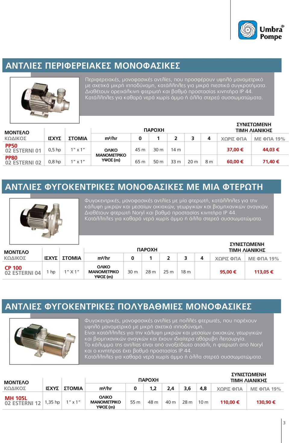 ΙΣΧΥΣ ΣΤΟΜΙΑ PP50 02 ESTERNI 01 0,5 hp 1 x 1 PP80 ΣΥΝΙΣΤΩΜΕΝΗ ΤΙΜΗ ΛΙΑΝΙΚΗΣ m³/hr 0 1 2 3 4 45 m 30 m 14 m 37,00 44,03 02 ESTERNI 02 0,8 hp 1 x 1 65 m 50 m 33 m 20 m 8 m 60,00 71,40 ΑΝΤΛΙΕΣ