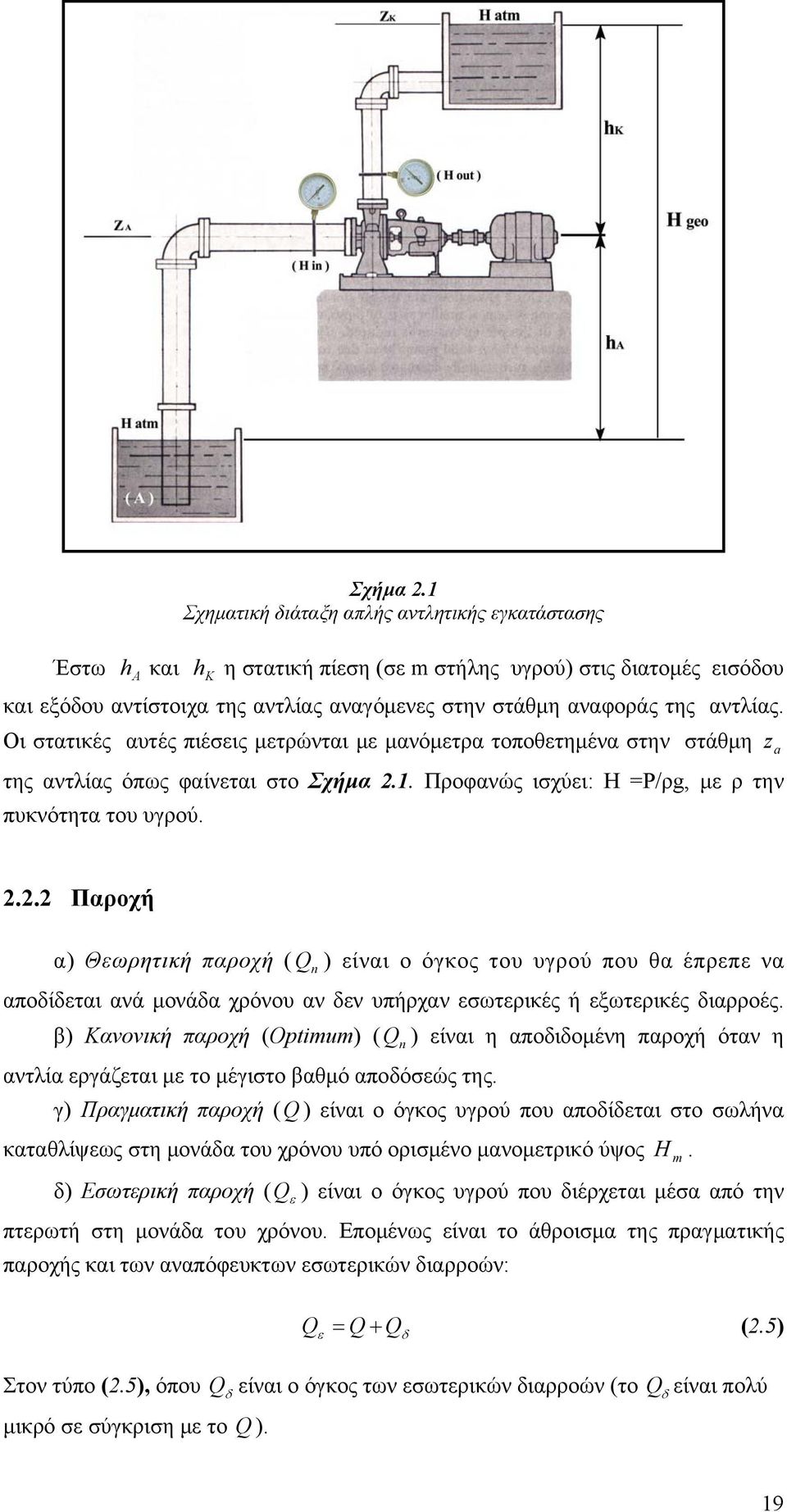 2.2 Παροχή α) Θεωρητική παροχή ( Q n ) είναι ο όγκος του υγρού που θα έπρεπε να αποδίδεται ανά μονάδα χρόνου αν δεν υπήρχαν εσωτερικές ή εξωτερικές διαρροές.