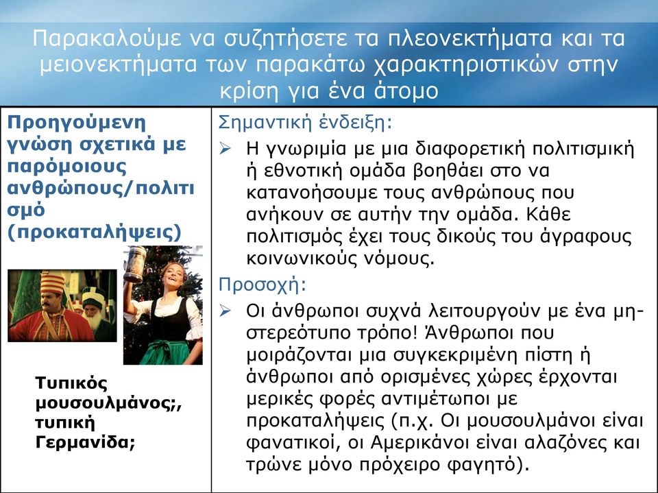 ανήκουν σε αυτήν την ομάδα. Κάθε πολιτισμός έχει τους δικούς του άγραφους κοινωνικούς νόμους. Προσοχή: Οι άνθρωποι συχνά λειτουργούν με ένα μηστερεότυπο τρόπο!