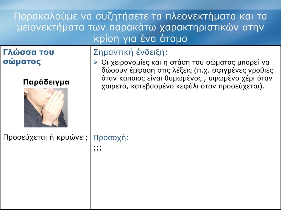 Έμμεσα σημάδια έχουν συχνά νόημα:άγριες χειρονομίες μπορεί να δείχνουν νευρικότητα (ωστόσο, να θυμάστε τις πολιτισμικές διαφορές!); το καμπούριασμα μπορεί να είναι ένα σημάδι χαμηλής αυτοπεποίθησης.