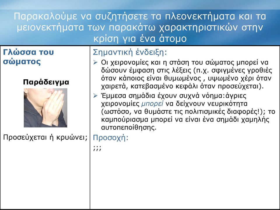 Έμμεσα σημάδια έχουν συχνά νόημα:άγριες χειρονομίες μπορεί να δείχνουν νευρικότητα (ωστόσο, να θυμάστε τις πολιτισμικές διαφορές!); το καμπούριασμα μπορεί να είναι ένα σημάδι χαμηλής αυτοπεποίθησης.