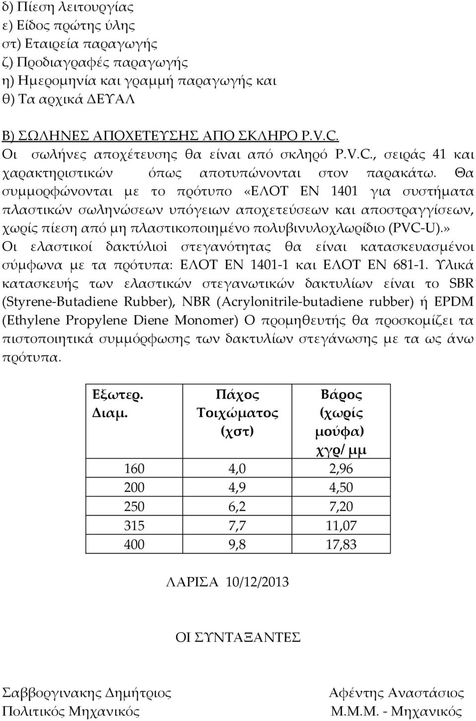 Θα συμμορφώνονται με το πρότυπο «ΕΛΟΤ ΕΝ 1401 για συστήματα πλαστικών σωληνώσεων υπόγειων αποχετεύσεων και αποστραγγίσεων, χωρίς πίεση από μη πλαστικοποιημένο πολυβινυλοχλωρίδιο (PVC-U).