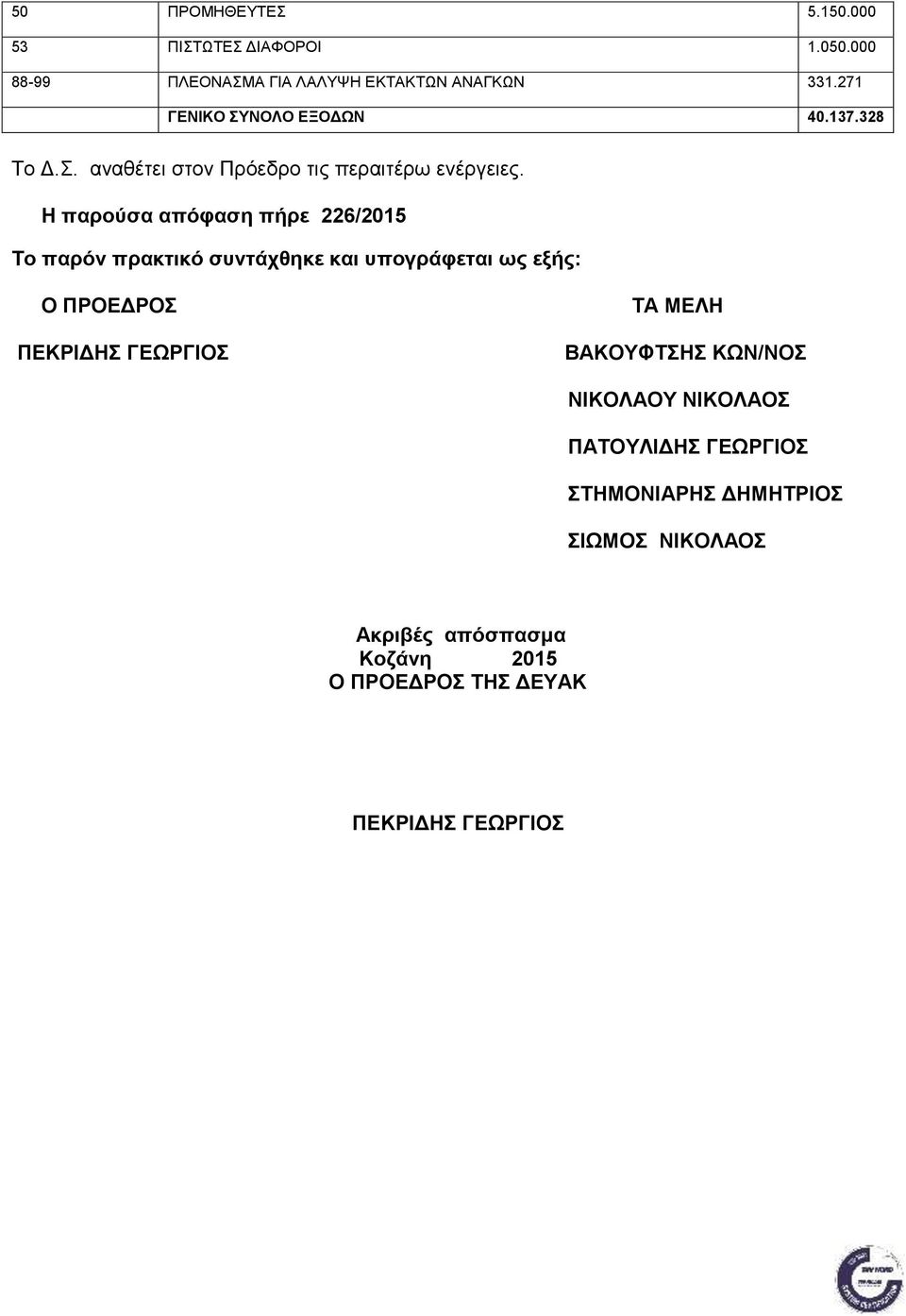Η παρούσα απόφαση πήρε 226/2015 Το παρόν πρακτικό συντάχθηκε και υπογράφεται ως εξής: Ο ΠΡΟΕΔΡΟΣ ΠΕΚΡΙΔΗΣ ΓΕΩΡΓΙΟΣ ΤΑ