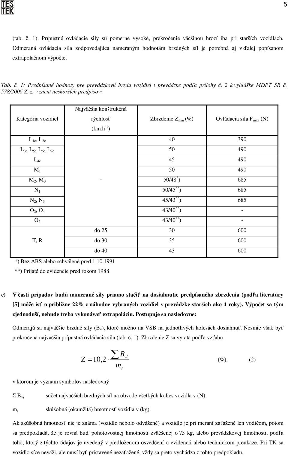 1: Predpísané hodnoty pre prevádzkovú brzdu vozidiel v prevádzke podľa prílohy č. 2 k vyhláške MDPT SR č. 578/2006 Z. z.