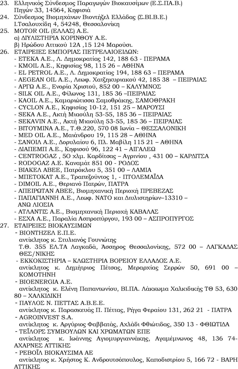 Ε., Λεωφ. Χατζηκυριακού 42, 185 38 ΠΕΙΡΑΙΑΣ - ΑΡΓΩ Α.Ε., Ενορία Χριστού, 852 00 ΚΑΛΥΜΝΟΣ - SILK OIL Α.Ε., Φίλωνος 131, 185 36 ΠΕΙΡΑΙΑΣ - ΚΑΟΙL Α.Ε., Καμαριώτισσα Σαμοθράκης, ΣΑΜΟΘΡΑΚΗ - CYCLON A.E.