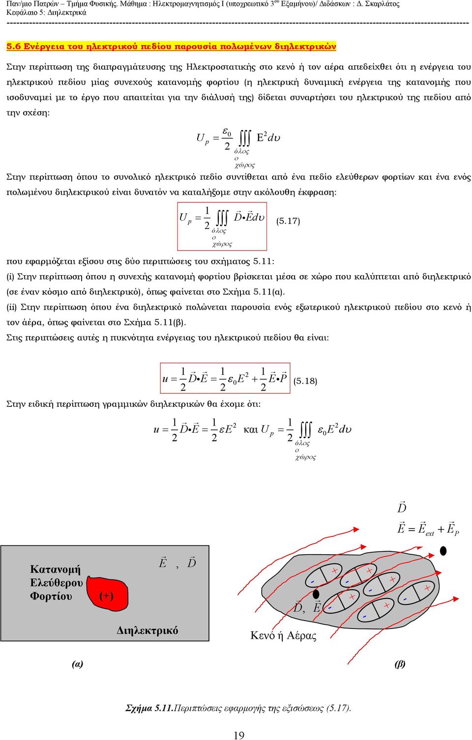 πρίπτωση όπου το συνολικό ηλκτρικό πδίο συντίθται από ένα πδίο λύθρων φορτίων και ένα νός πολωμένου διηλκτρικού ίναι δυνατόν να καταλήξομ στην ακόλουθη έκφραση: 1 Up = D Ed i υ (5.