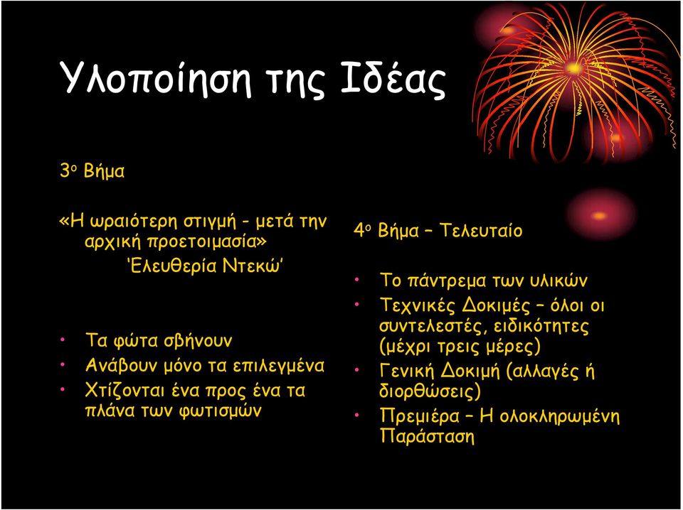 φωτισμών 4 ο Βήμα Τελευταίο Το πάντρεμα των υλικών Τεχνικές Δοκιμές όλοι οι συντελεστές,