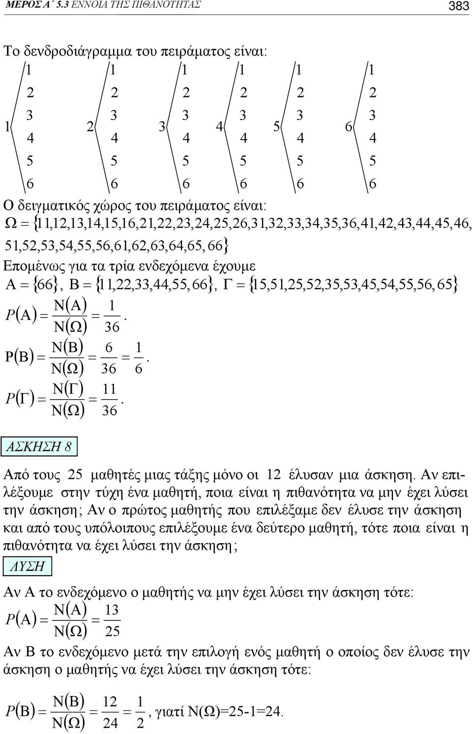 ενδεχόμενα έχουμε Α = {66}, Β = {,,,,, 66}, Γ = {,,,,,,,,,6, 6} ( ) ( Α) P Α = =. ( Ω) 6 ( ) ( Β) 6 P Β = = =. ( Ω) 6 6 ( ) ( Γ) P Γ = =.