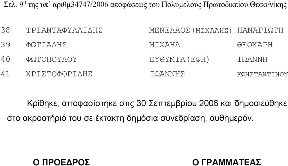 ΕΥΘΥΜΙΑ(ΕΦΗ) ΙΩΑΝΝΗ 41 ΧΡΙΣΤΟΦΟΡΙΔΗΣ ΙΩΑΝΝΗΣ ΚΩΝΣΤΑΝΤΙΝΟΥ Κρίθηκε, αποφασίστηκε στις 30