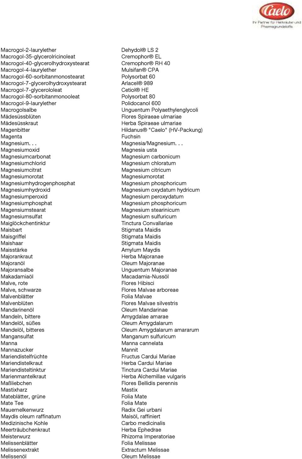Unguentum Polyaethylenglycoli Mädesüssblüten Flores Spiraeae ulmariae Mädesüsskraut Herba Spiraeae ulmariae Magenbitter Hildanus "Caelo" (HV-Packung) Magenta Fuchsin Magnesium... Magnesia/Magnesium.