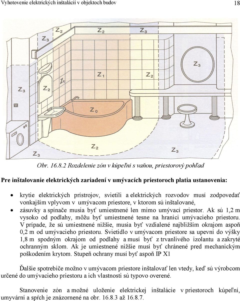2 Rozdelenie zón v kúpeľni s vaňou, priestorový pohľad Pre inštalovanie elektrických zariadení v umývacích priestoroch platia ustanovenia: krytie elektrických prístrojov, svietili a elektrických