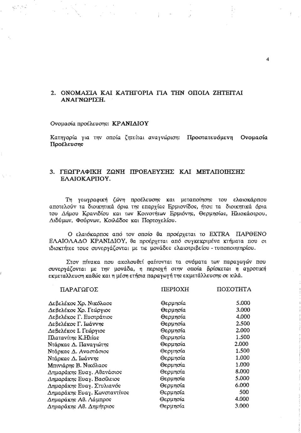 Τη γεωγραφική ζώνη προέλευσης και μεταποίησης του ελαιοκάρπου αποτελούν τα διοικητικά όρια της επαρχίας Ερμιονίδος, ήτοι: τα διοικητικά όρια του Δήμου Κρανιδίου και των Κοινοτήτων Ερμιόνης, ς,