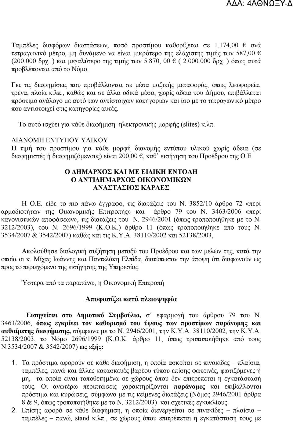 , καθώς και σε άλλα οδικά μέσα, χωρίς άδεια του Δήμου, επιβάλλεται πρόστιμο ανάλογο με αυτό των αντίστοιχων κατηγοριών και ίσο με το τετραγωνικό μέτρο που αντιστοιχεί στις κατηγορίες αυτές.