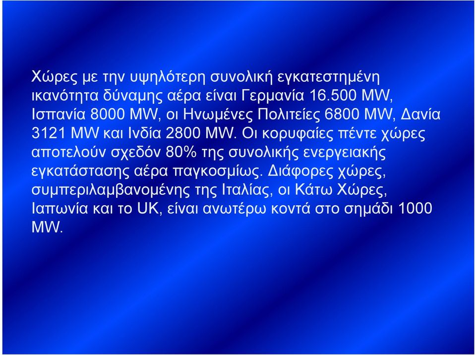 Οι κορυφαίες πέντε χώρες αποτελούν σχεδόν 80% της συνολικής ενεργειακής εγκατάστασης αέρα