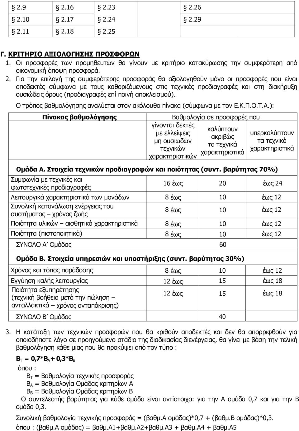 (προδιαγραφές επί ποινή αποκλεισμού). Ο τρόπος βαθμολόγησης αναλύεται στον ακόλουθο πίνακα (σύμφωνα με τον Ε.Κ.Π.Ο.Τ.Α.