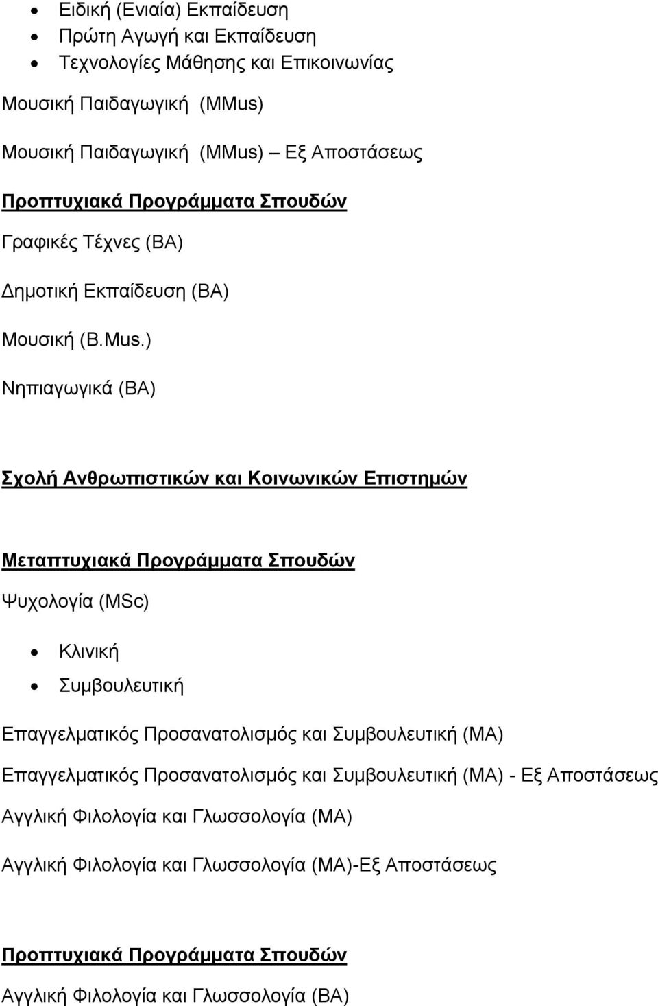 Εξ Αποστάσεως Γραφικές Τέχνες (BA) Δημοτική Εκπαίδευση (BA) Μουσική (B.Mus.