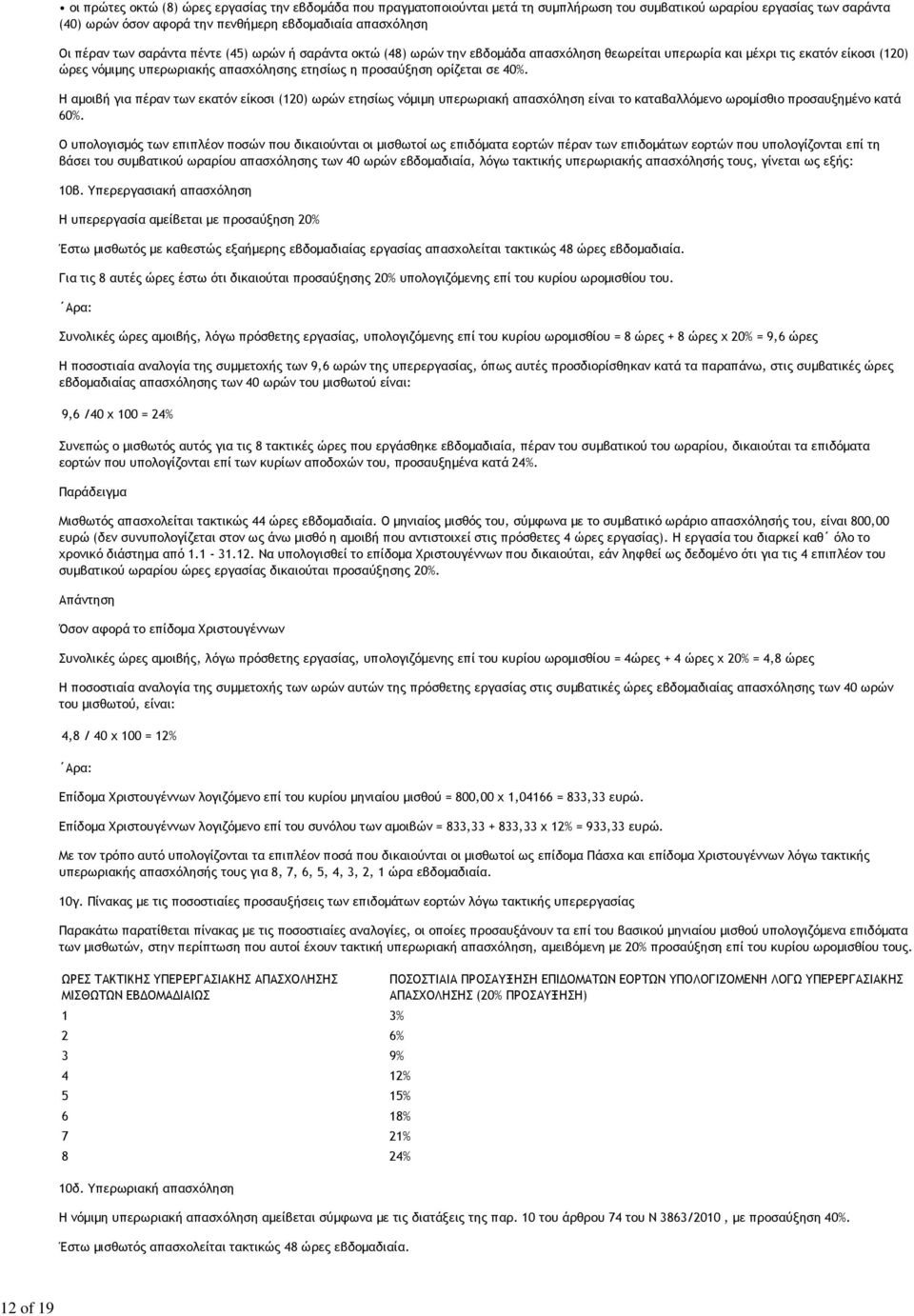 ορίζεται σε 40%. Η αμοιβή για πέραν των εκατόν είκοσι (120) ωρών ετησίως νόμιμη υπερωριακή απασχόληση είναι το καταβαλλόμενο ωρομίσθιο προσαυξημένο κατά 60%.