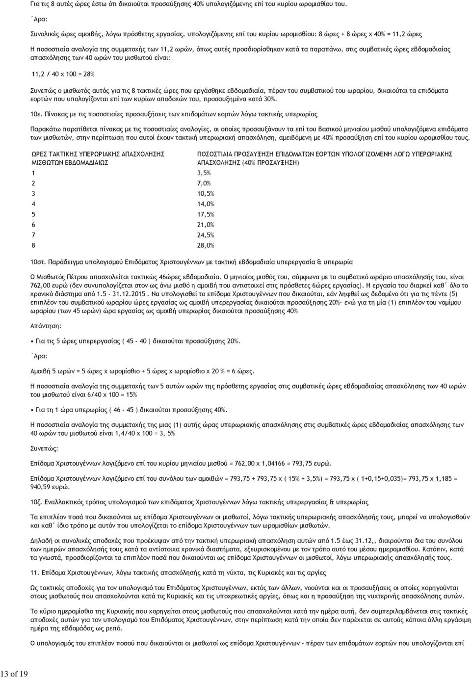 προσδιορίσθηκαν κατά τα παραπάνω, στις συμβατικές ώρες εβδομαδιαίας απασχόλησης των 40 ωρών του μισθωτού είναι: 11,2 / 40 x 100 = 28% Συνεπώς ο μισθωτός αυτός για τις 8 τακτικές ώρες που εργάσθηκε