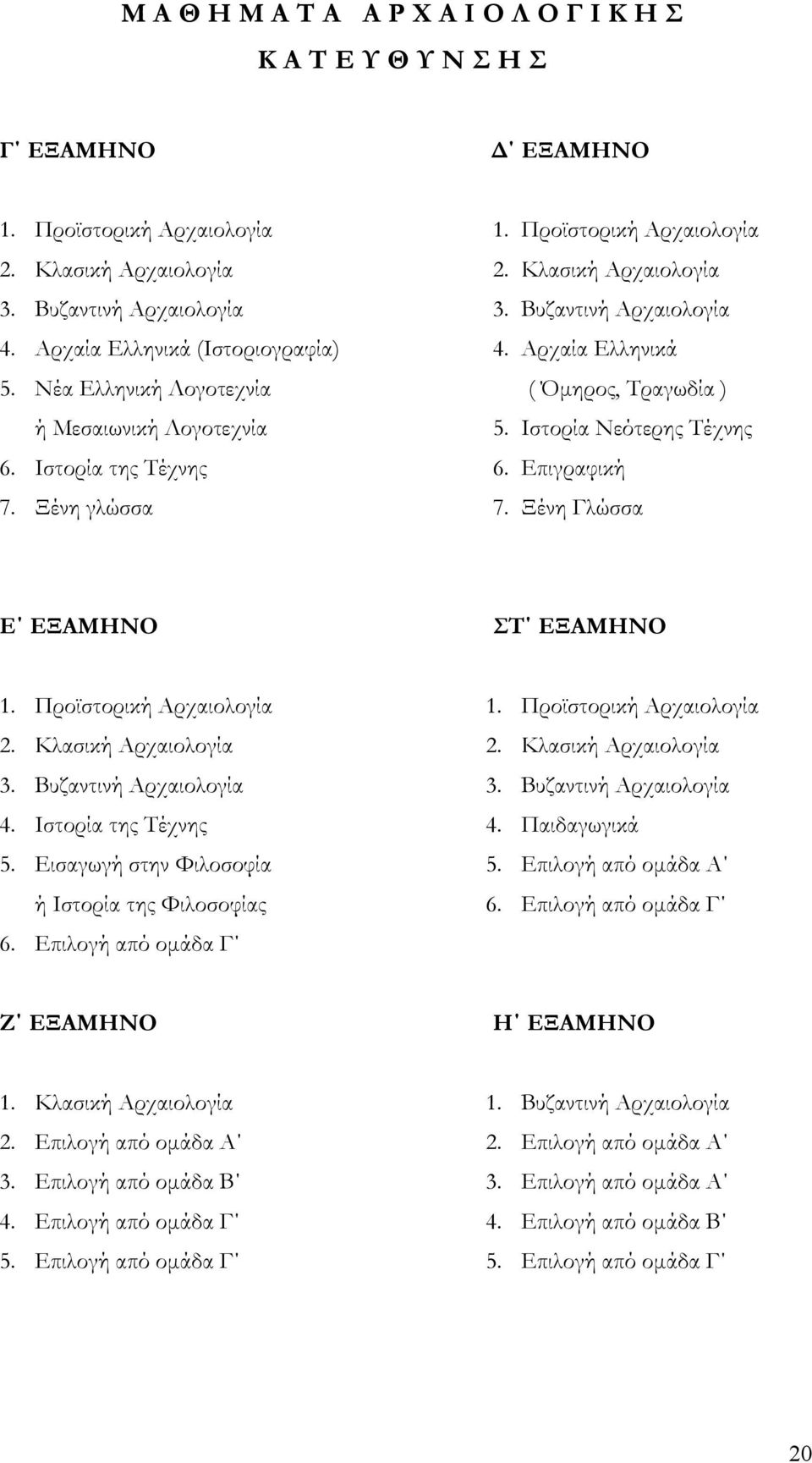 Αρχαία Ελληνικά ( Όμηρος, Τραγωδία ) 5. Ιστορία Νεότερης Τέχνης 6. Επιγραφική 7. Ξένη Γλώσσα Ε ΕΞΑΜΗΝΟ ΣΤ ΕΞΑΜΗΝΟ 1. Προϊστορική Αρχαιολογία 2. Κλασική Αρχαιολογία 3. Βυζαντινή Αρχαιολογία 4.