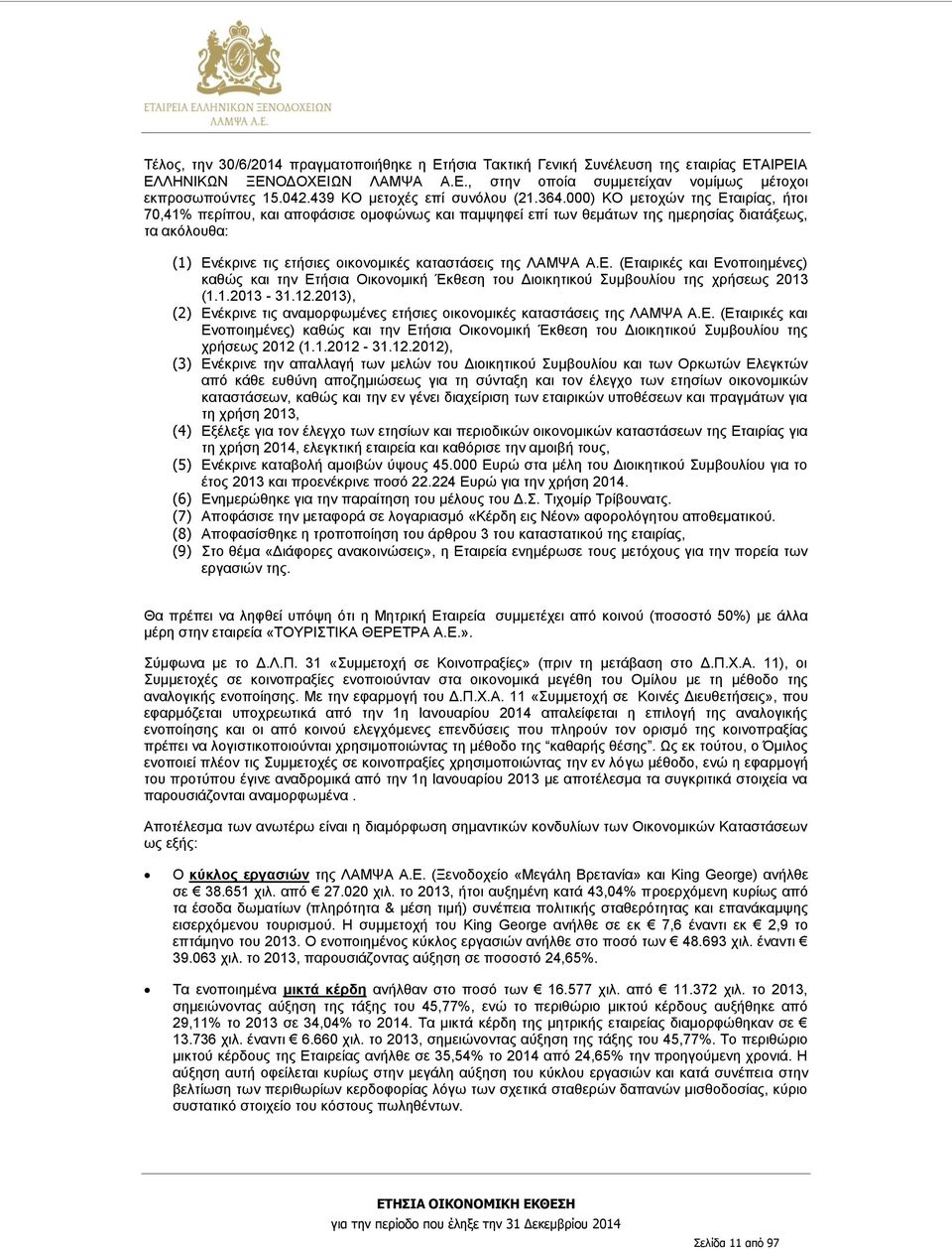 000) KO μετοχών της Εταιρίας, ήτοι 70,41% περίπου, και αποφάσισε ομοφώνως και παμψηφεί επί των θεμάτων της ημερησίας διατάξεως, τα ακόλουθα: (1) Ενέκρινε τις ετήσιες οικονομικές καταστάσεις της ΛΑΜΨΑ