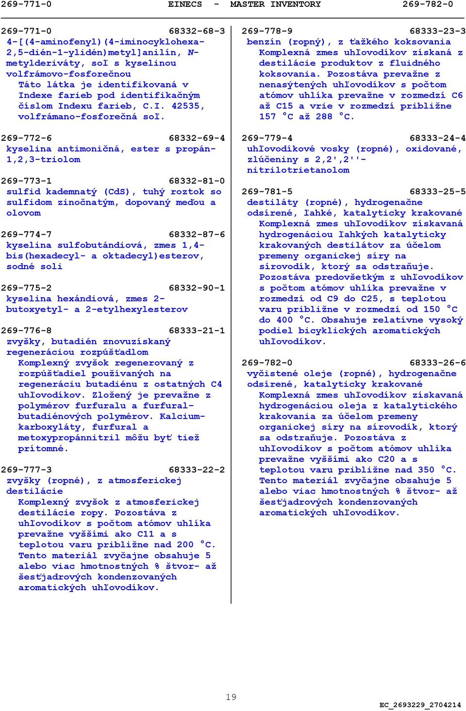 269-772-6 68332-69-4 kyselina antimoničná, ester s propán- 1,2,3-triolom 269-773-1 68332-81-0 sulfid kademnatý (CdS), tuhý roztok so sulfidom zinočnatým, dopovaný meďou a olovom 269-774-7 68332-87-6
