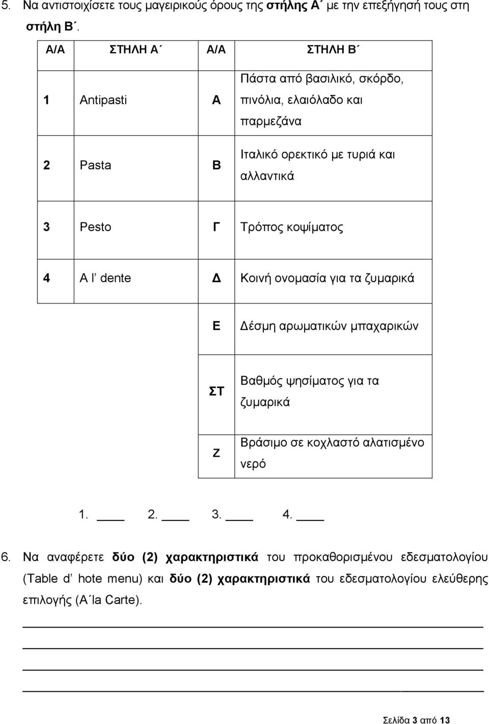 Pesto Γ Τρόπος κοψίματος 4 A l dente Δ Κοινή ονομασία για τα ζυμαρικά Ε Δέσμη αρωματικών μπαχαρικών ΣΤ Βαθμός ψησίματος για τα ζυμαρικά Ζ Βράσιμο σε