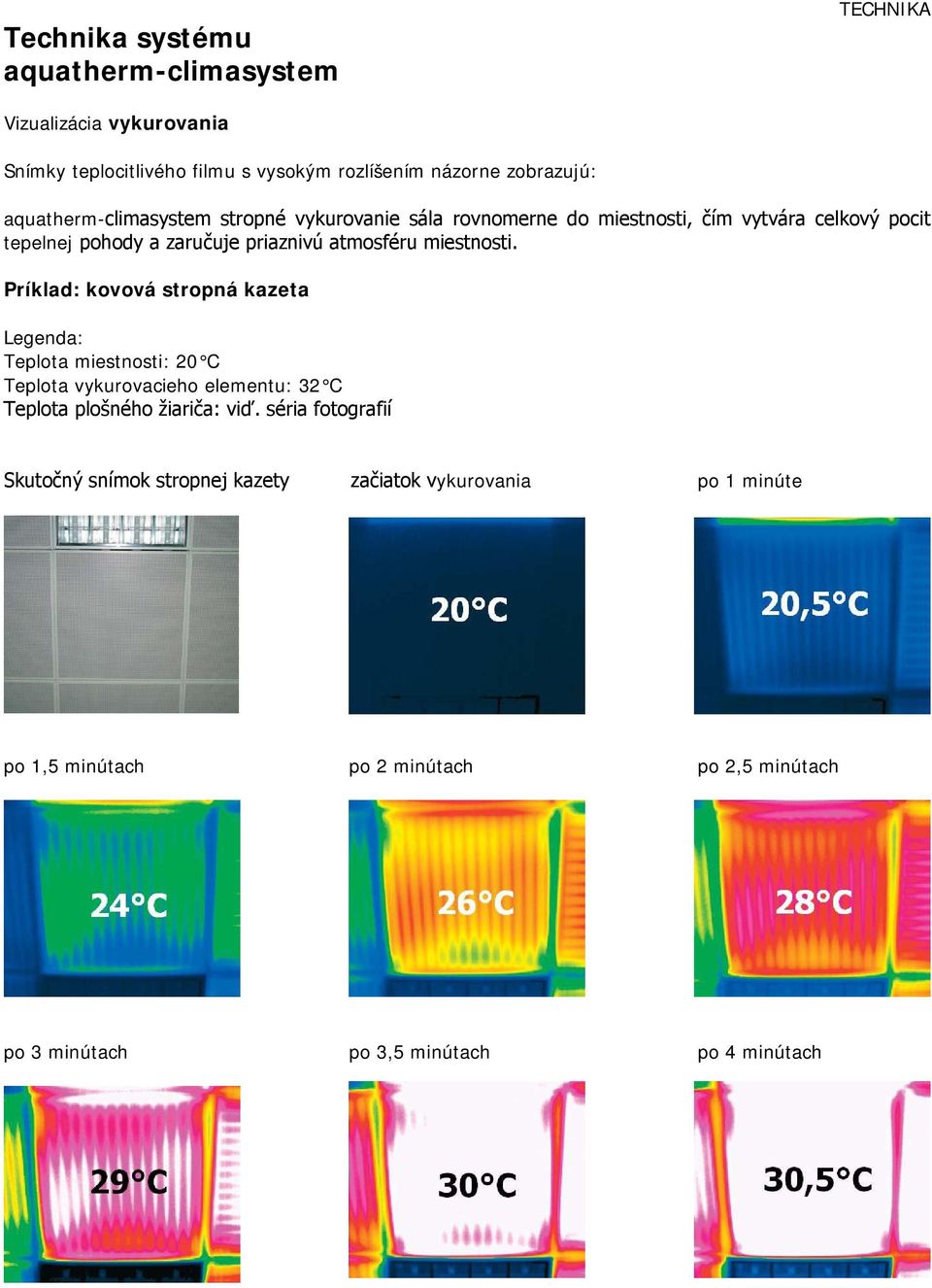 miestnosti. Príklad: kovová stropná kazeta Legenda: Teplota miestnosti: 20 C Teplota vykurovacieho elementu: 32 C Teplota plošného žiariča: viď.