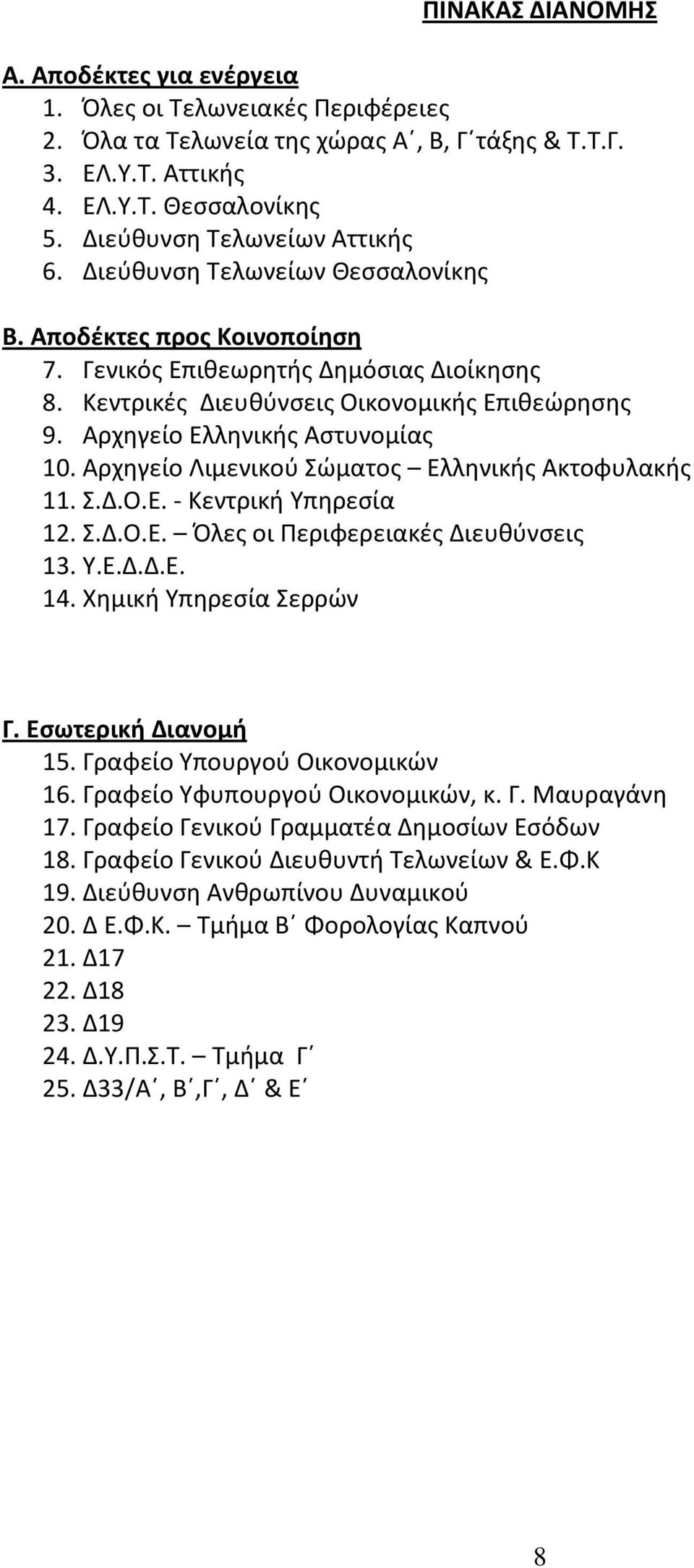 Αρχηγείο Ελληνικής Αστυνομίας 10. Αρχηγείο Λιμενικού Σώματος Ελληνικής Ακτοφυλακής 11. Σ.Δ.Ο.Ε. - Κεντρική Υπηρεσία 12. Σ.Δ.Ο.Ε. Όλες οι Περιφερειακές Διευθύνσεις 13. Υ.Ε.Δ.Δ.Ε. 14.