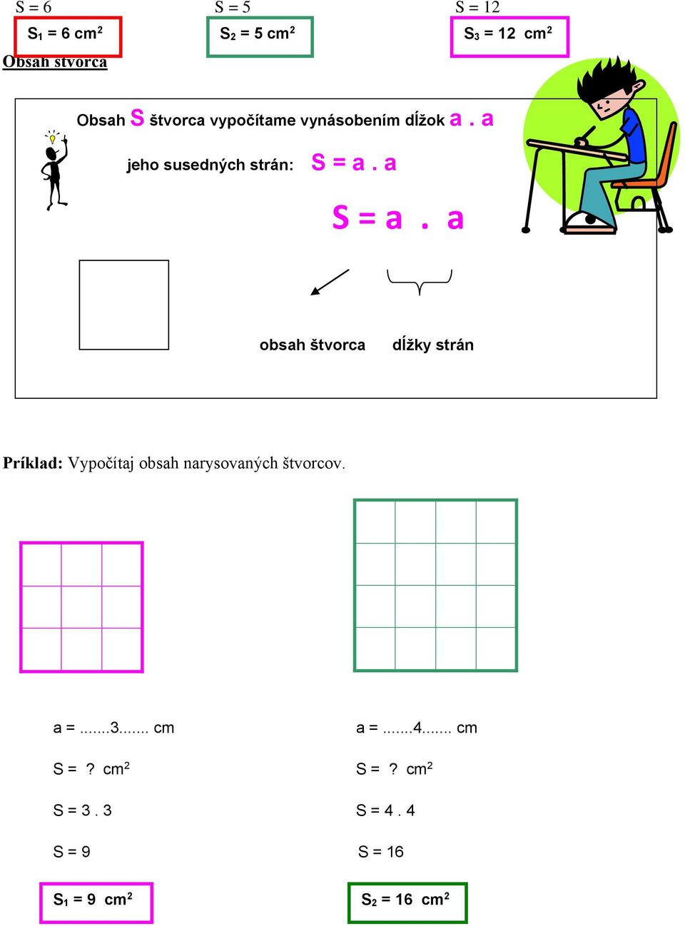 a obsah štvorca dĺžky strán Príklad: Vypočítaj obsah narysovaných štvorcov. a =...3.