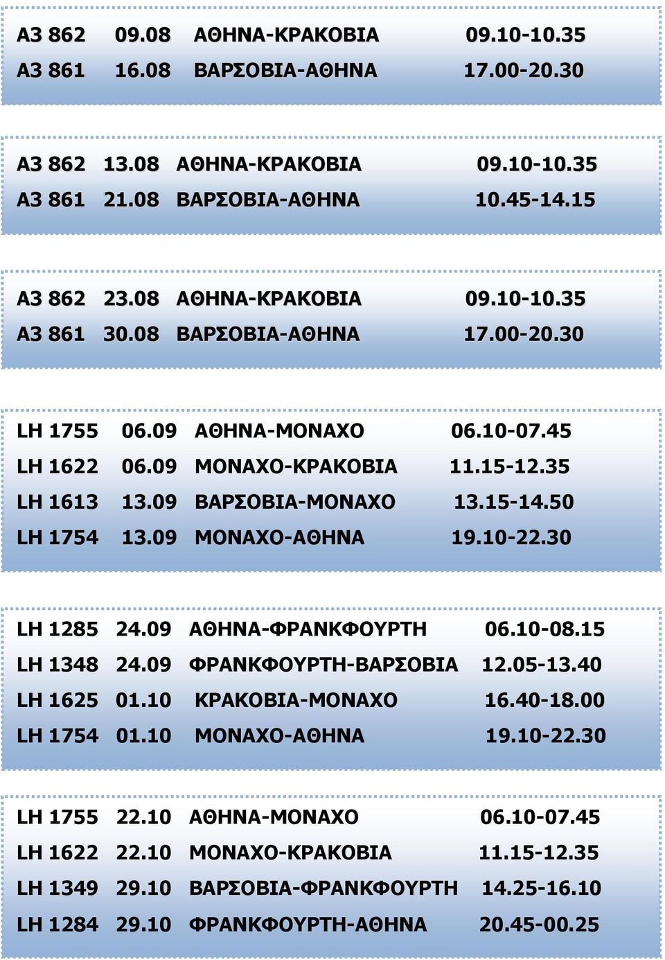 15-14.50 LH 1754 13.09 ΜΟΝΑΧΟ-ΑΘΗΝΑ 19.10-22.30 LH 1285 24.09 ΑΘΗΝΑ-ΦΡΑΝΚΦΟΥΡΤΗ 06.10-08.15 LH 1348 24.09 ΦΡΑΝΚΦΟΥΡΤΗ-ΒΑΡΣΟΒΙΑ 12.05-13.40 LH 1625 01.10 ΚΡΑΚΟΒΙΑ-ΜΟΝΑΧΟ 16.40-18.