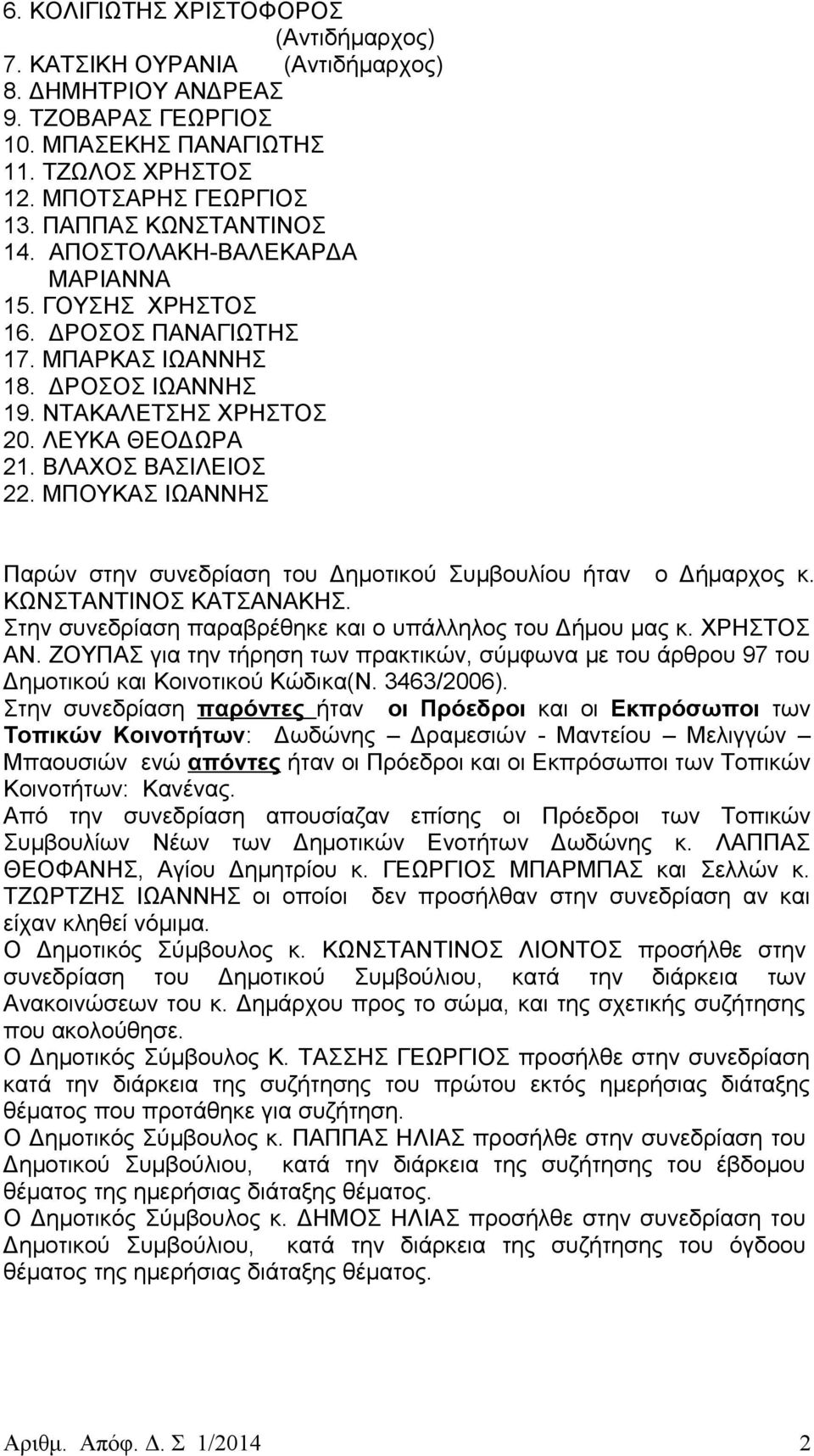 ΜΠΟΥΚΑΣ ΙΩΑΝΝΗΣ Παρών στην συνεδρίαση του Δημοτικού Συμβουλίου ήταν ο Δήμαρχος κ. ΚΩΝΣΤΑΝΤΙΝΟΣ ΚΑΤΣΑΝΑΚΗΣ. Στην συνεδρίαση παραβρέθηκε και ο υπάλληλος του Δήμου μας κ. ΧΡΗΣΤΟΣ ΑΝ.