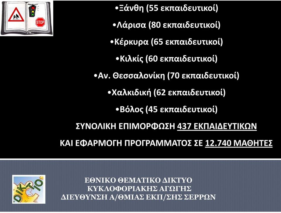 Θεσσαλονίκη (70 εκπαιδευτικοί) Χαλκιδική(62 εκπαιδευτικοί) Βόλος(45
