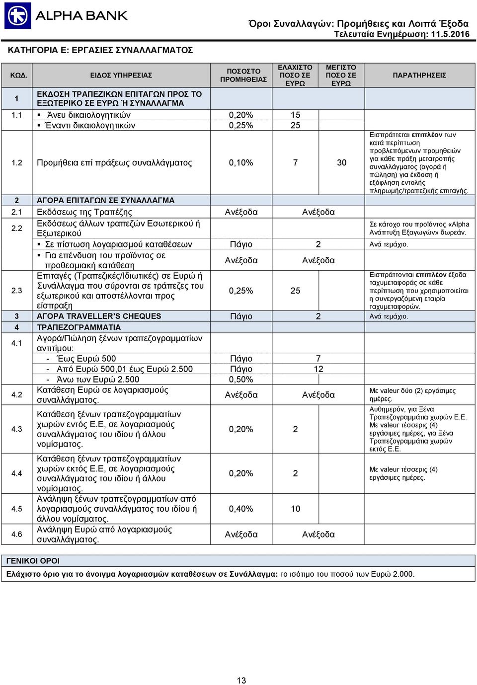 2 Προμήθεια επί πράξεως συναλλάγματος 0,10% 7 30 συναλλάγματος (αγορά ή πώληση) για έκδοση ή εξόφληση εντολής πληρωμής/τραπεζικής επιταγής. 2 ΑΓΟΡΑ ΕΠΙΤΑΓΩΝ ΣΕ ΣΥΝΑΛΛΑΓΜΑ 2.1 Εκδόσεως της Τραπέζης 2.