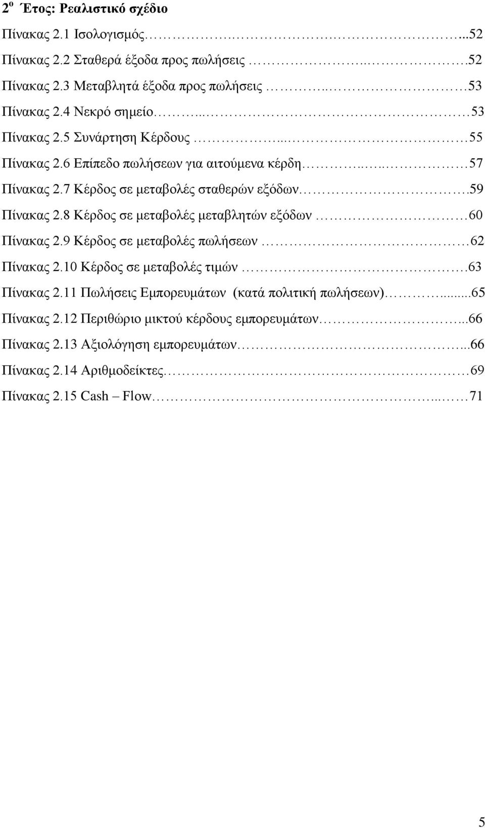 59 Πίνακας 2.8 Κέρδος σε μεταβολές μεταβλητών εξόδων 60 Πίνακας 2.9 Κέρδος σε μεταβολές πωλήσεων 62 Πίνακας 2.10 Κέρδος σε μεταβολές τιμών.63 Πίνακας 2.