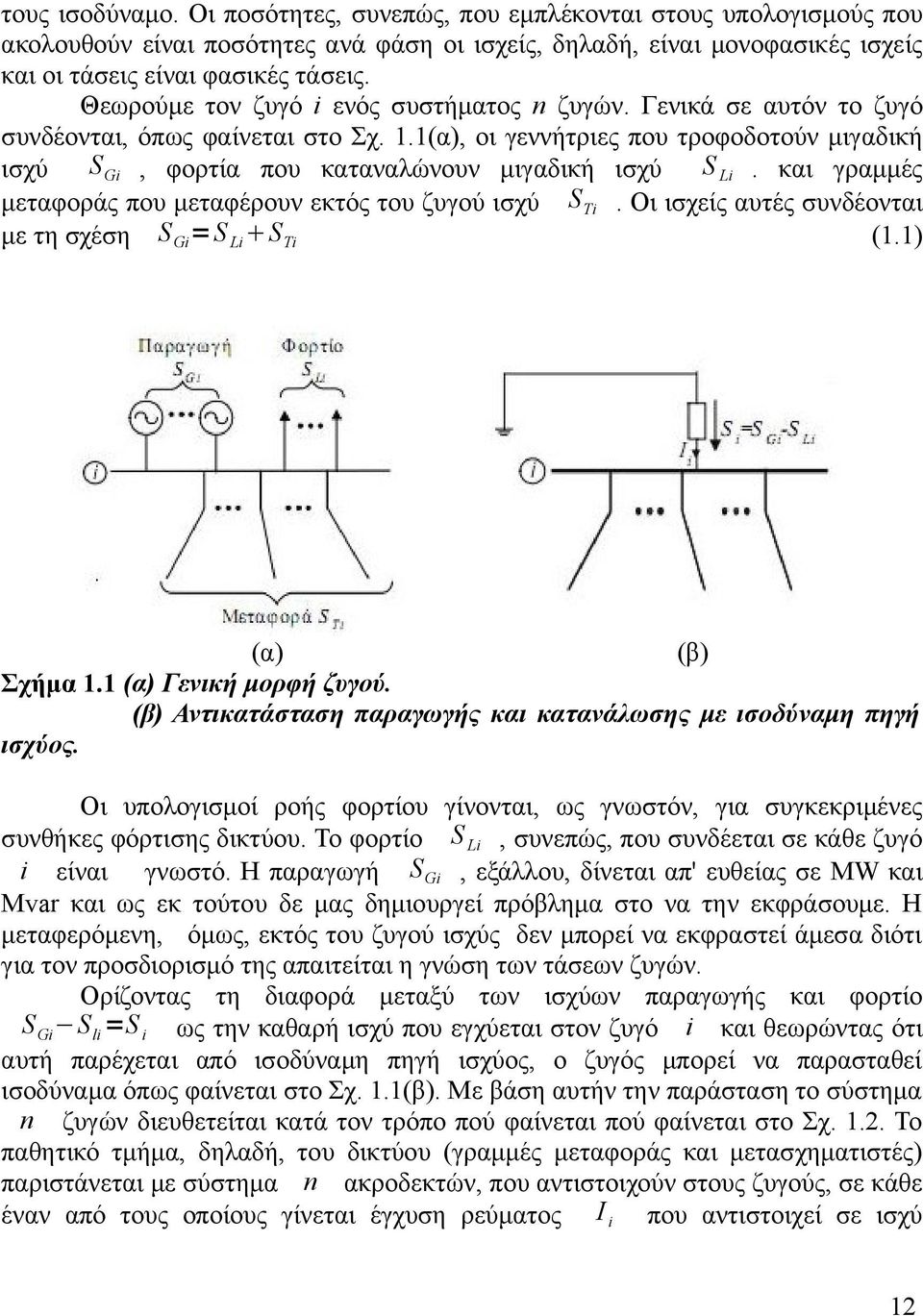 1(α), οι γεννήτριες που τροφοδοτούν μιγαδική ισχύ S Gi, φορτία που καταναλώνουν μιγαδική ισχύ S Li. και γραμμές μεταφοράς που μεταφέρουν εκτός του ζυγού ισχύ S Ti.