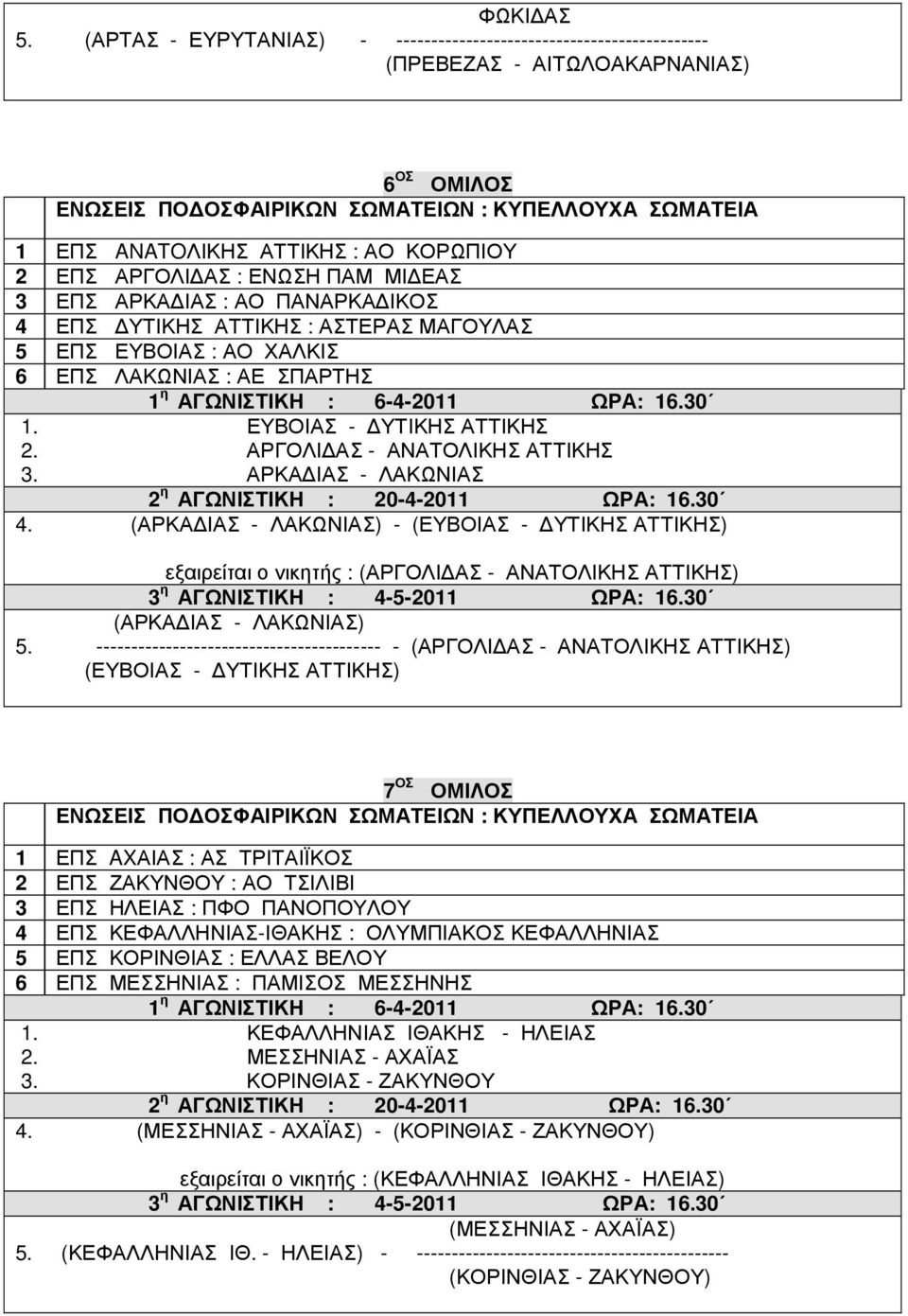 : ΑΟ ΠΑΝΑΡΚΑ ΙΚΟΣ 4 ΕΠΣ ΥΤΙΚΗΣ ΑΤΤΙΚΗΣ : ΑΣΤΕΡΑΣ ΜΑΓΟΥΛΑΣ 5 ΕΠΣ ΕΥΒΟΙΑΣ : ΑΟ ΧΑΛΚΙΣ 6 ΕΠΣ ΛΑΚΩΝΙΑΣ : ΑΕ ΣΠΑΡΤΗΣ 1. ΕΥΒΟΙΑΣ - ΥΤΙΚΗΣ ΑΤΤΙΚΗΣ 2. ΑΡΓΟΛΙ ΑΣ - ΑΝΑΤΟΛΙΚΗΣ ΑΤΤΙΚΗΣ 3. ΑΡΚΑ ΙΑΣ - ΛΑΚΩΝΙΑΣ 4.
