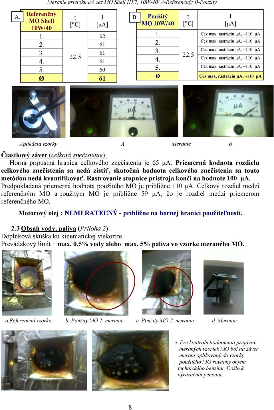 rastráciu μa, ~110 μa Aplikácia vzorky A Meranie B Čiastkový záver (celkové znečistenie): Horná prípustná hranica celkového znečistenia je 65 μa.