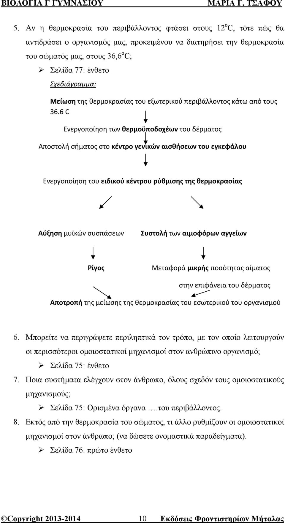 6 C Ενεργοποίηση των θερμοϋποδοχέων του δέρματος Αποστολή σήματος στο κέντρο γενικών αισθήσεων του εγκεφάλου Ενεργοποίηση του ειδικού κέντρου ρύθμισης της θερμοκρασίας Αύξηση μυϊκών συσπάσεων Συστολή