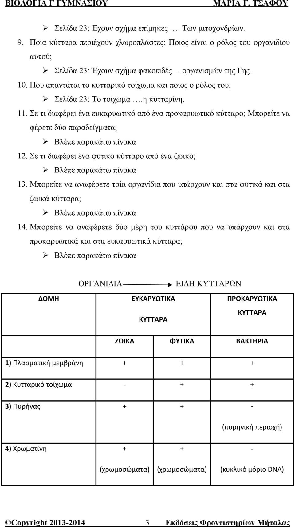 Σε τι διαφέρει ένα ευκαρυωτικό από ένα προκαρυωτικό κύτταρο; Μπορείτε να φέρετε δύο παραδείγµατα; Βλέπε παρακάτω πίνακα 12. Σε τι διαφέρει ένα φυτικό κύτταρο από ένα ζωικό; Βλέπε παρακάτω πίνακα 13.