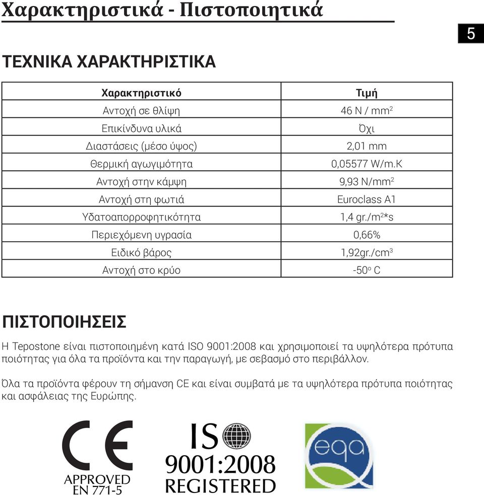 /cm 3 Αντοχή στο κρύο -50 ο C ΠΙΣΤΟΠΟΙΗΣΕΙΣ Η Tepostone είναι πιστοποιημένη κατά ISO 9001:2008 και χρησιμοποιεί τα υψηλότερα πρότυπα ποιότητας για όλα τα προϊόντα και την παραγωγή, με σεβασμό στο
