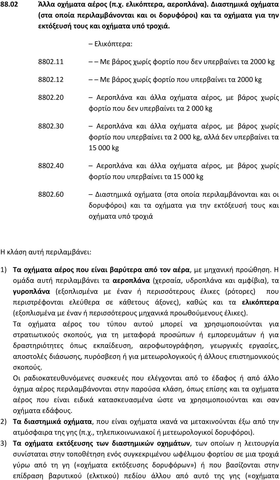 20 Αεροπλάνα και άλλα οχήματα αέρος, με βάρος χωρίς φορτίο που δεν υπερβαίνει τα 2 000 kg 8802.