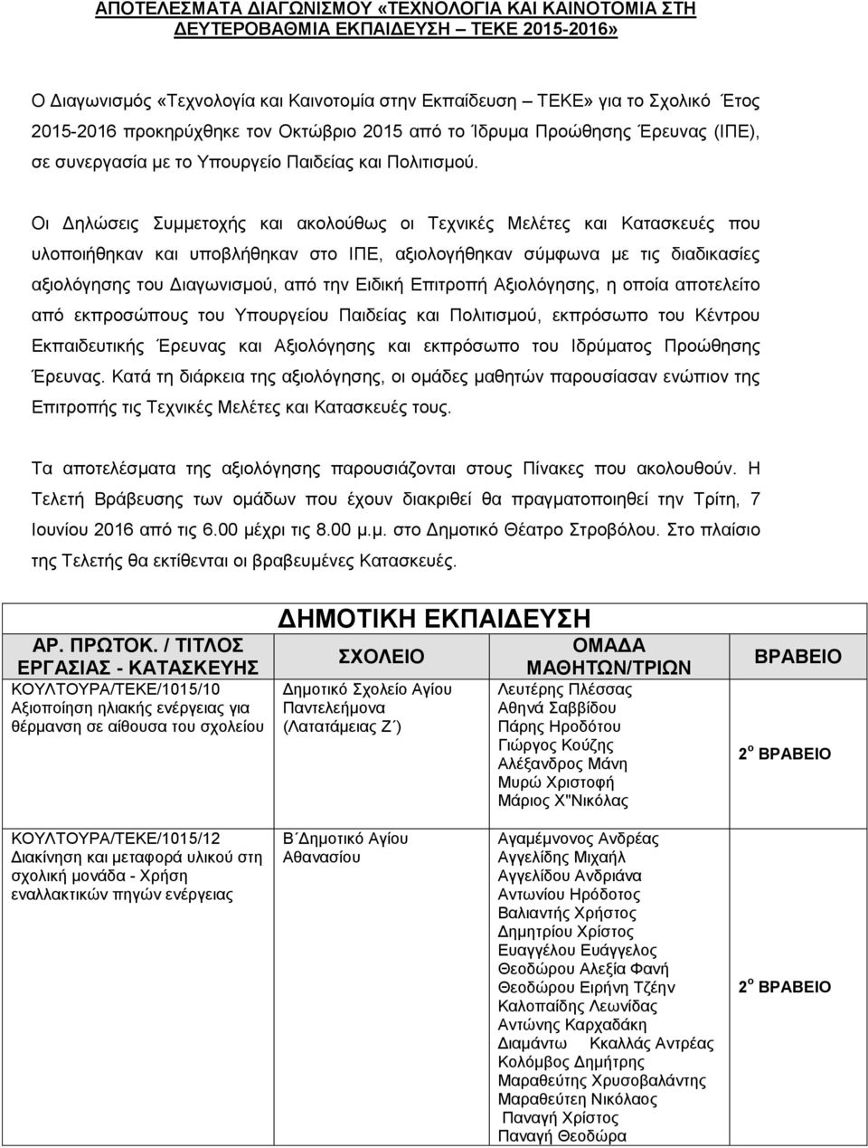 Οι Δηλώσεις Συμμετοχής και ακολούθως οι Τεχνικές Μελέτες και Κατασκευές που υλοποιήθηκαν και υποβλήθηκαν στο ΙΠΕ, αξιολογήθηκαν σύμφωνα με τις διαδικασίες αξιολόγησης του Διαγωνισμού, από την Ειδική