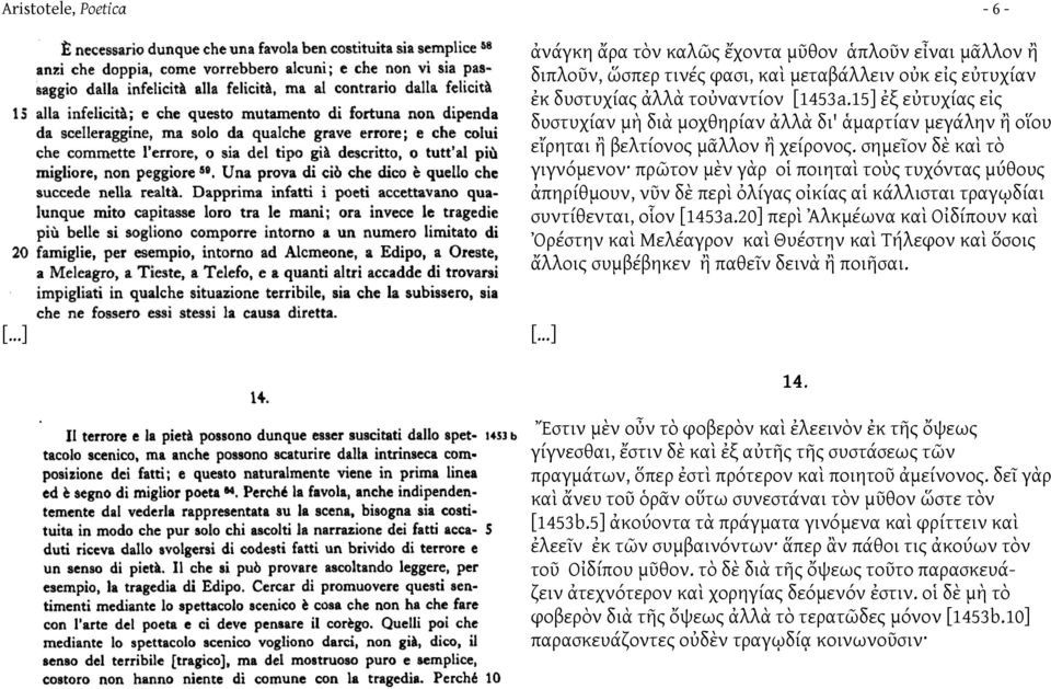 σημεῖον δὲ καὶ τὸ γιγνόμενον πρῶτον μὲν γὰρ οἱ ποιηταὶ τοὺς τυχόντας μύθους ἀπηρίθμουν, νῦν δὲ περὶ ὀλίγας οἰκίας αἱ κάλλισται τραγῳδίαι συντίθενται, οἷον [1453a.