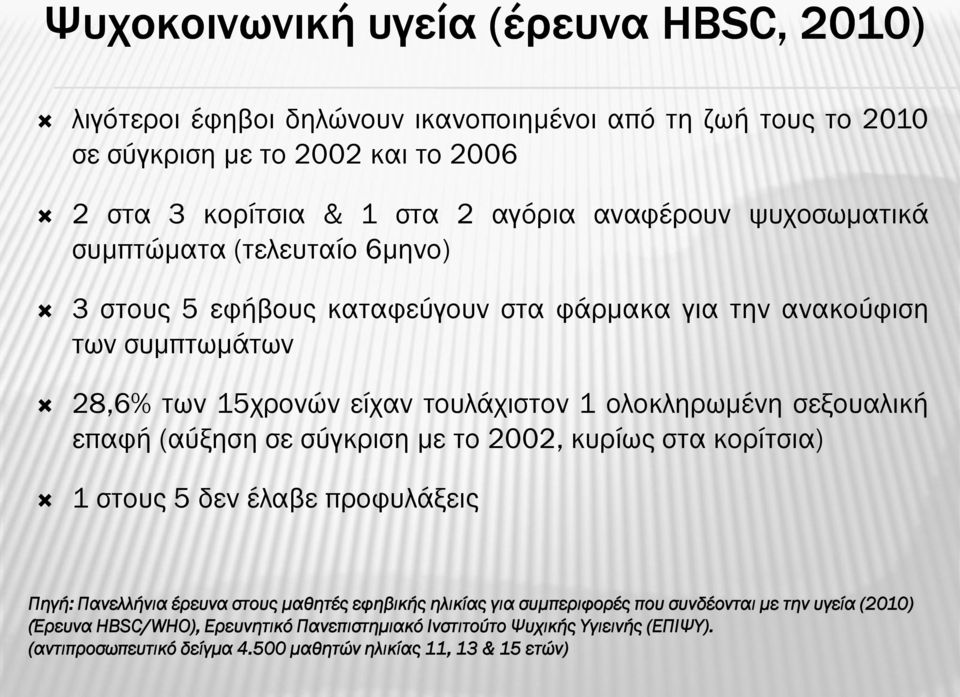 ολοκληρωμένη σεξουαλική επαφή (αύξηση σε σύγκριση με το 2002, κυρίως στα κορίτσια) 1 στους 5 δεν έλαβε προφυλάξεις Πηγή: Πανελλήνια έρευνα στους μαθητές εφηβικής ηλικίας για