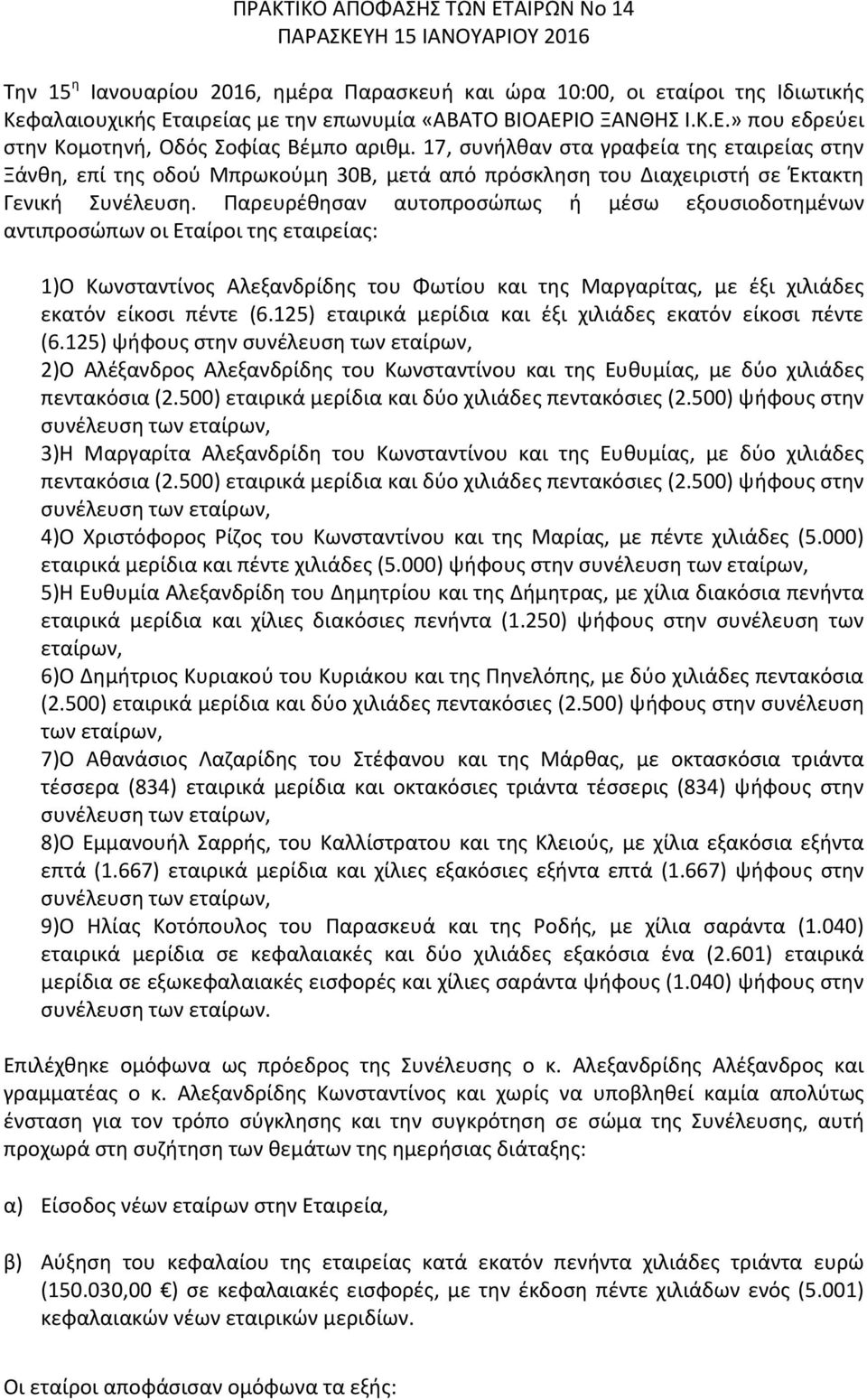 17, συνήλθαν στα γραφεία της εταιρείας στην Ξάνθη, επί της οδού Μπρωκούμη 30Β, μετά από πρόσκληση του Διαχειριστή σε Έκτακτη Γενική Συνέλευση.